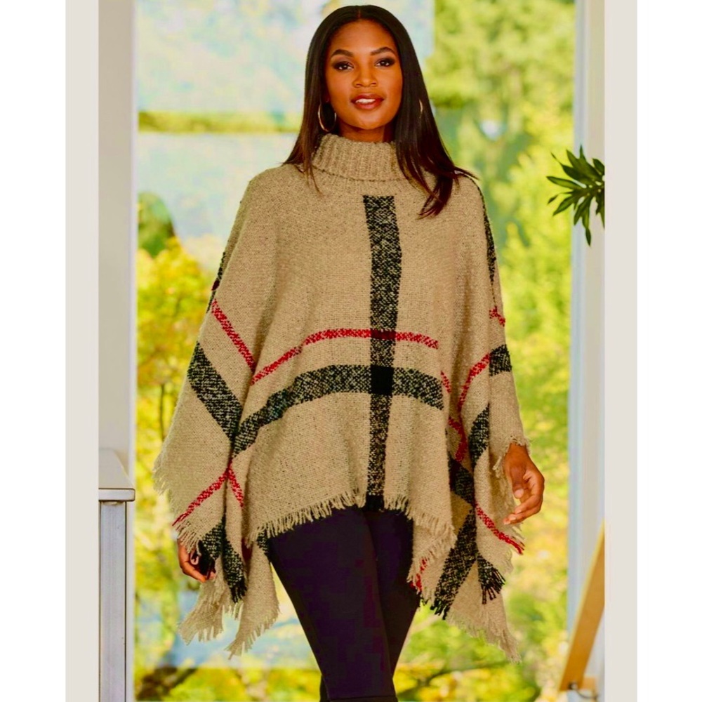 🆕 GM Fashion USA Cozy Plaid Cowl Neck Poncho